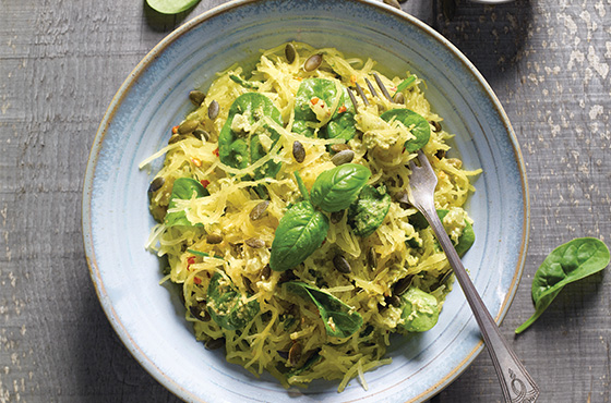 Spaghetti Squash with Avocado Pesto & Toasted Pumpkin Seeds – Rachelle Béry