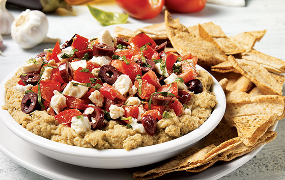 Hummus with tomato, feta, and basil topping – Rachelle Béry