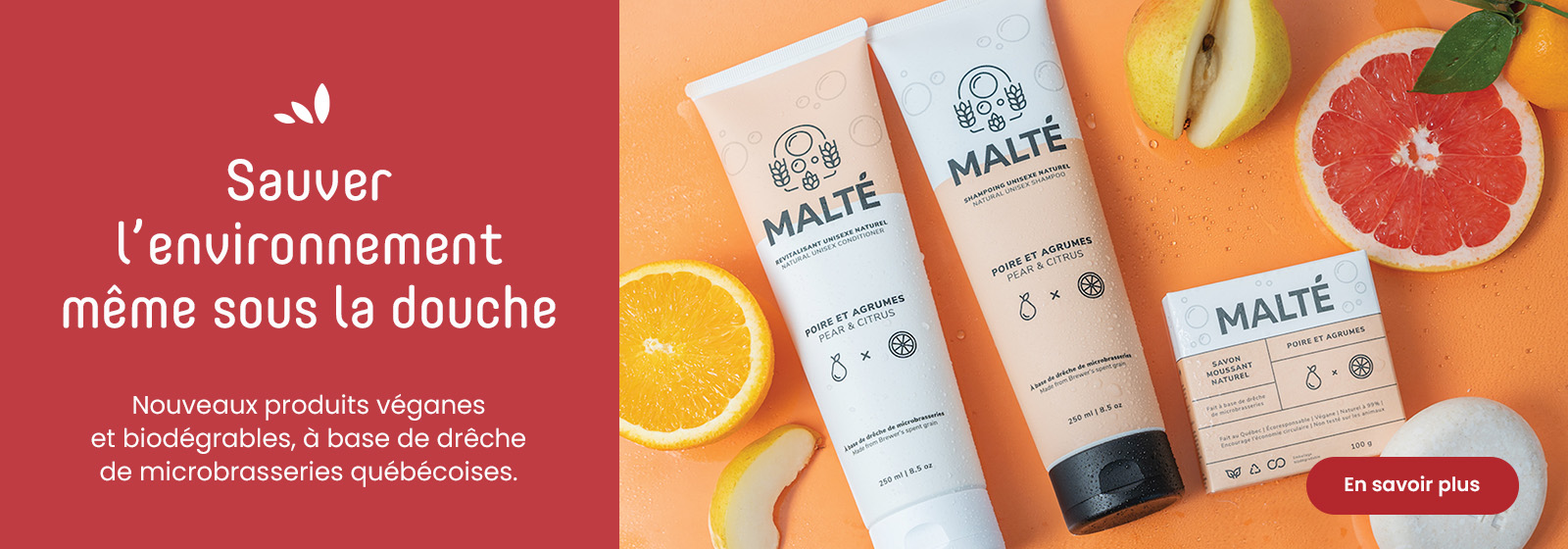 Préservez l'environnement même sous la douche. Nouveaux produits végétaliens et biodégradables, fabriqués à partir de drêches de brasserie locales. Pour en savoir plus, cliquez sur le bouton "En savoir plus".
