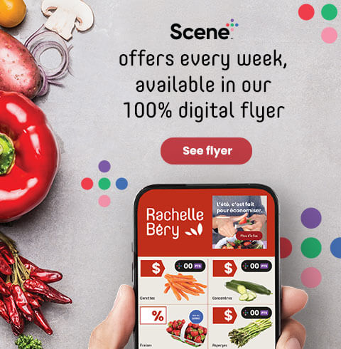 Text Reading, “Scene Plus offers every week, available in our 100% digital Flyer. Check the ‘See Flyer’ button of Rachelle Bery.”