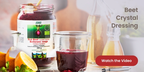 Text reading, “Beet crystal dressing. Know more by clicking the ‘Watch the video’ button.”
