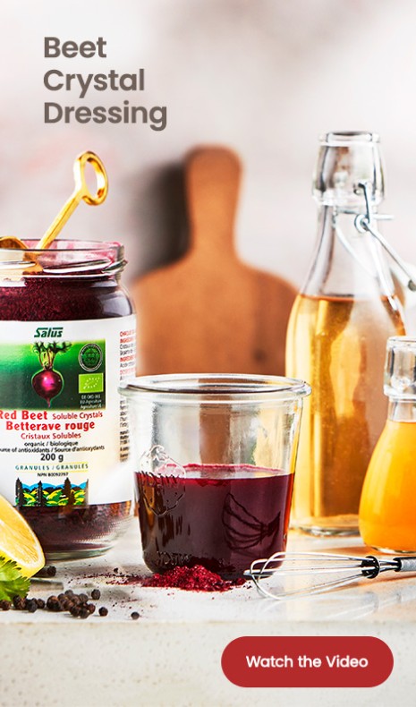 Text reading, “Beet crystal dressing. Know more by clicking the ‘Watch the video’ button.”