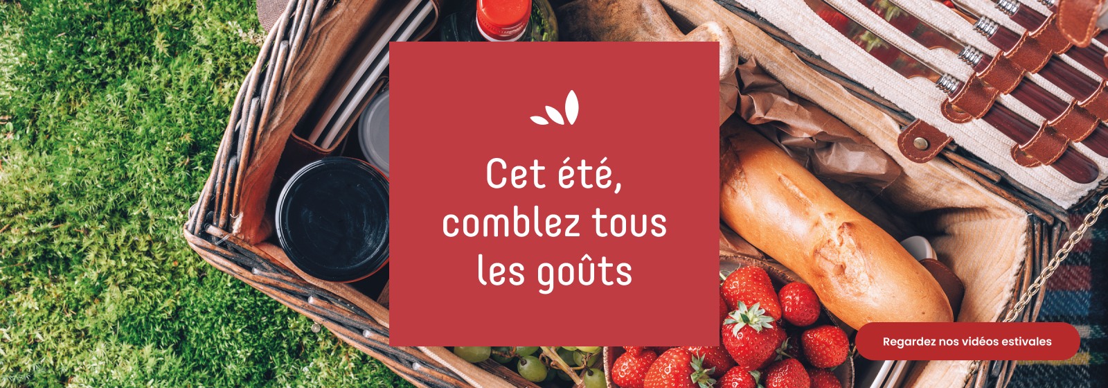Texte lisant : "Cet été, comblez tous les goûts. Pour en savoir plus, cliquez sur le bouton 'Regardez nos vidéos estivales'".