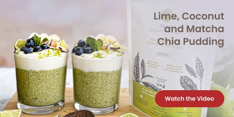 Text reading, “Lime coconut and matcha chia pudding. Know more by clicking the ‘Watch the video’ button.”