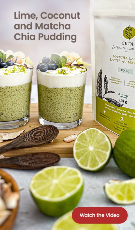 Text reading, “Lime coconut and matcha chia pudding. Know more by clicking the ‘Watch the video’ button.”