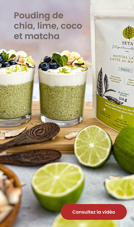 Texte lisant "Pouding de chia, lime, coco et matcha". Pour en savoir plus, cliquez sur le bouton 'Voir vidéo'".