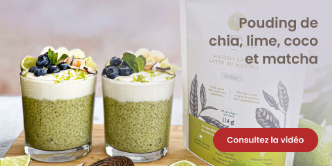 Texte lisant "Pouding de chia, lime, coco et matcha". Pour en savoir plus, cliquez sur le bouton 'Voir vidéo'".