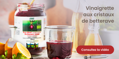 Lecture du texte, "Vinaigrette aux cristaux de betterave. Pour en savoir plus, cliquez sur le bouton 'Voir vidéo'".