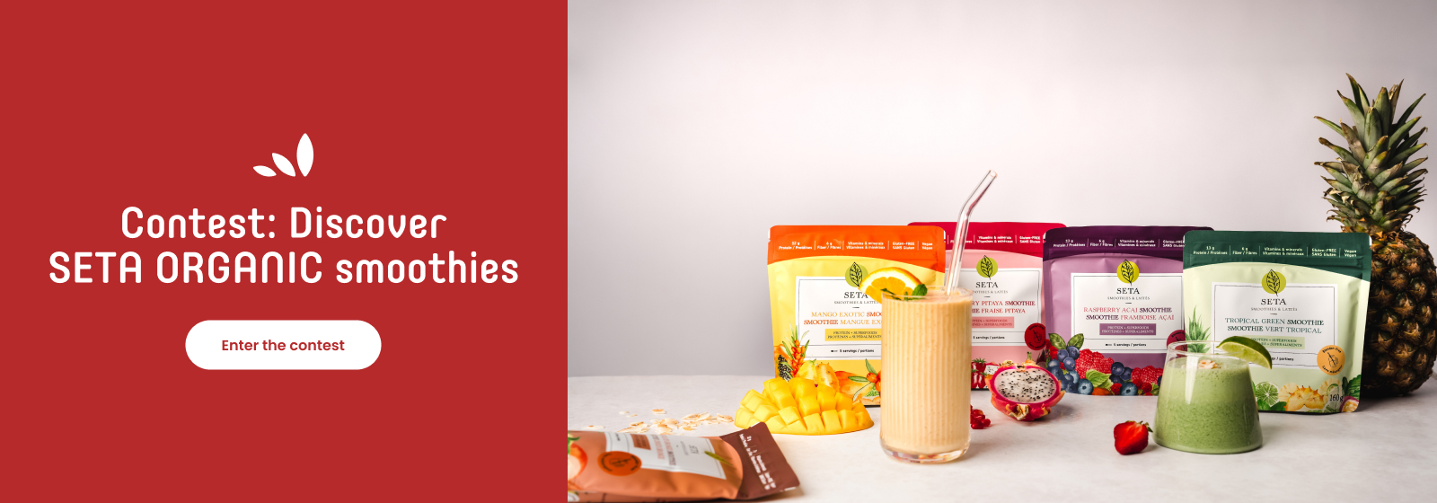 An image where text reading "Competition: Discover Seta Organic smoothies." along with participate button.