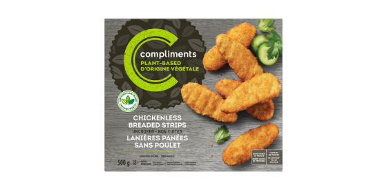 Chickenless breaded strips compliments plant based