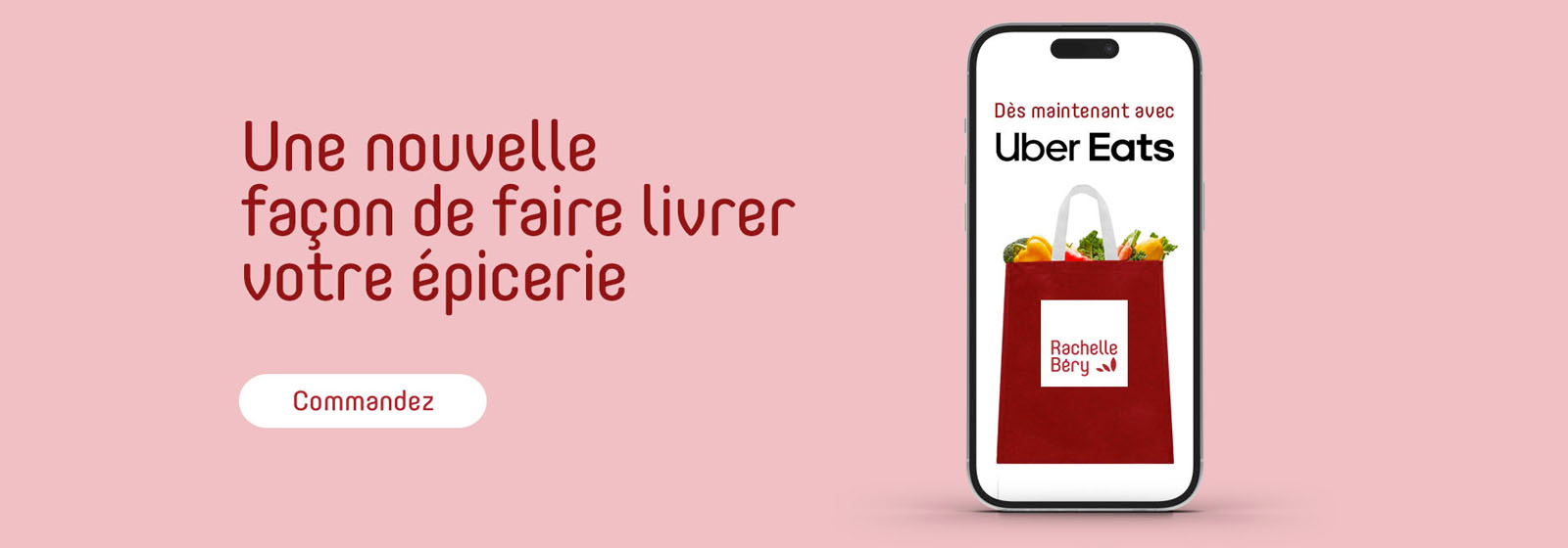 Texte à lire : « Une nouvelle façon de se faire livrer ses courses. » Bouton CTA « Commander » à gauche.