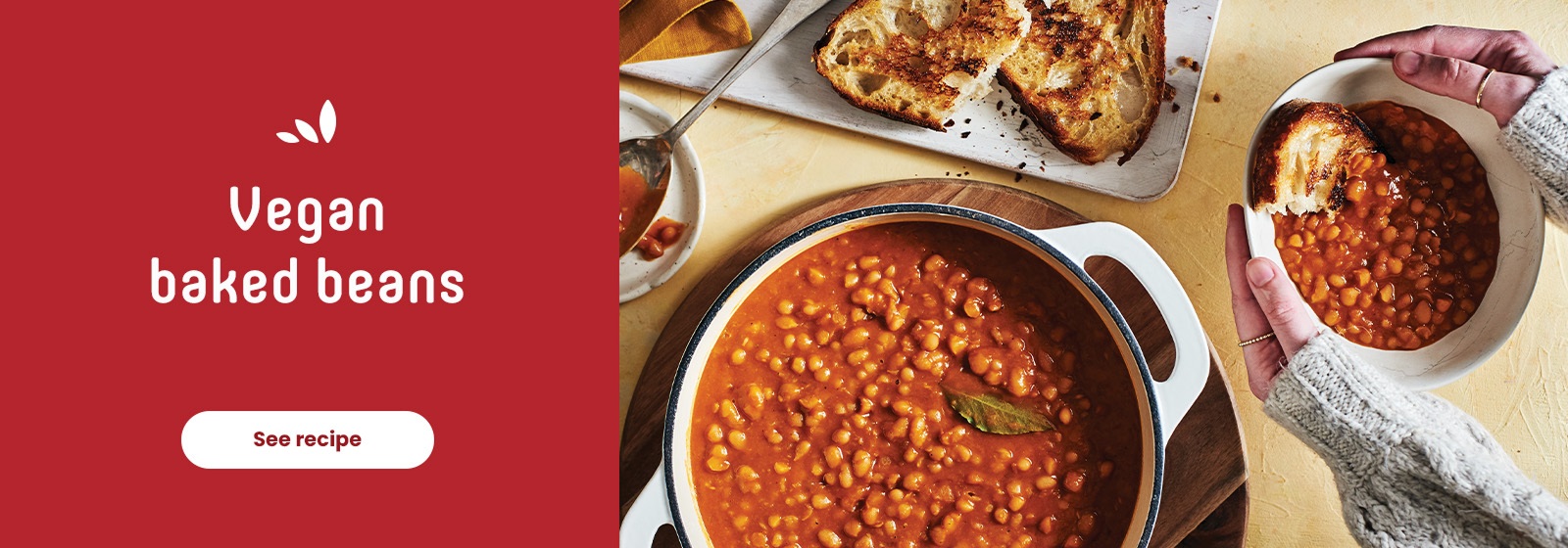 Image promoting a recipe for vegan baked beans along with see recipe button.