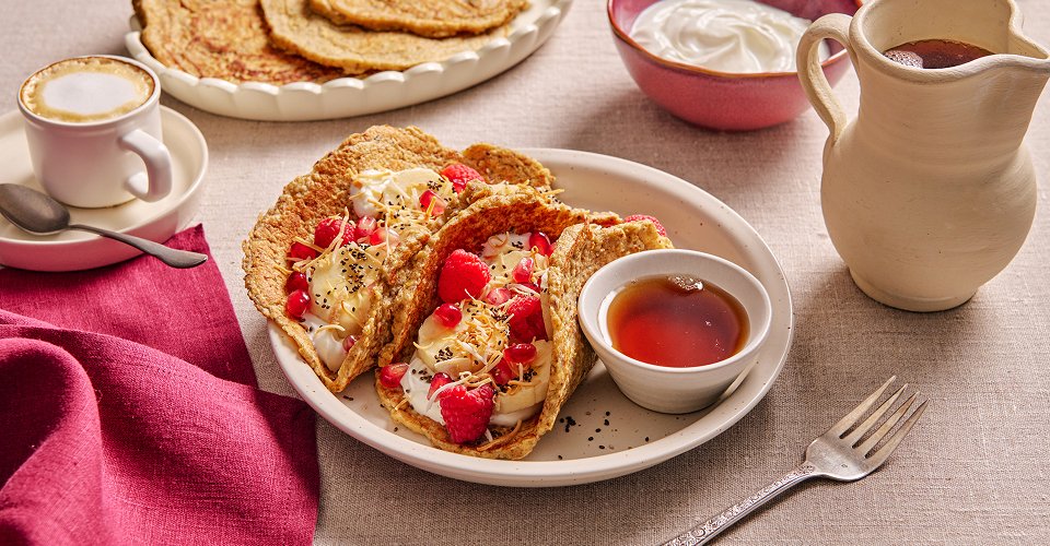 Tacos de pancakes protéinés à la banane, à l’avoine et au yogourt